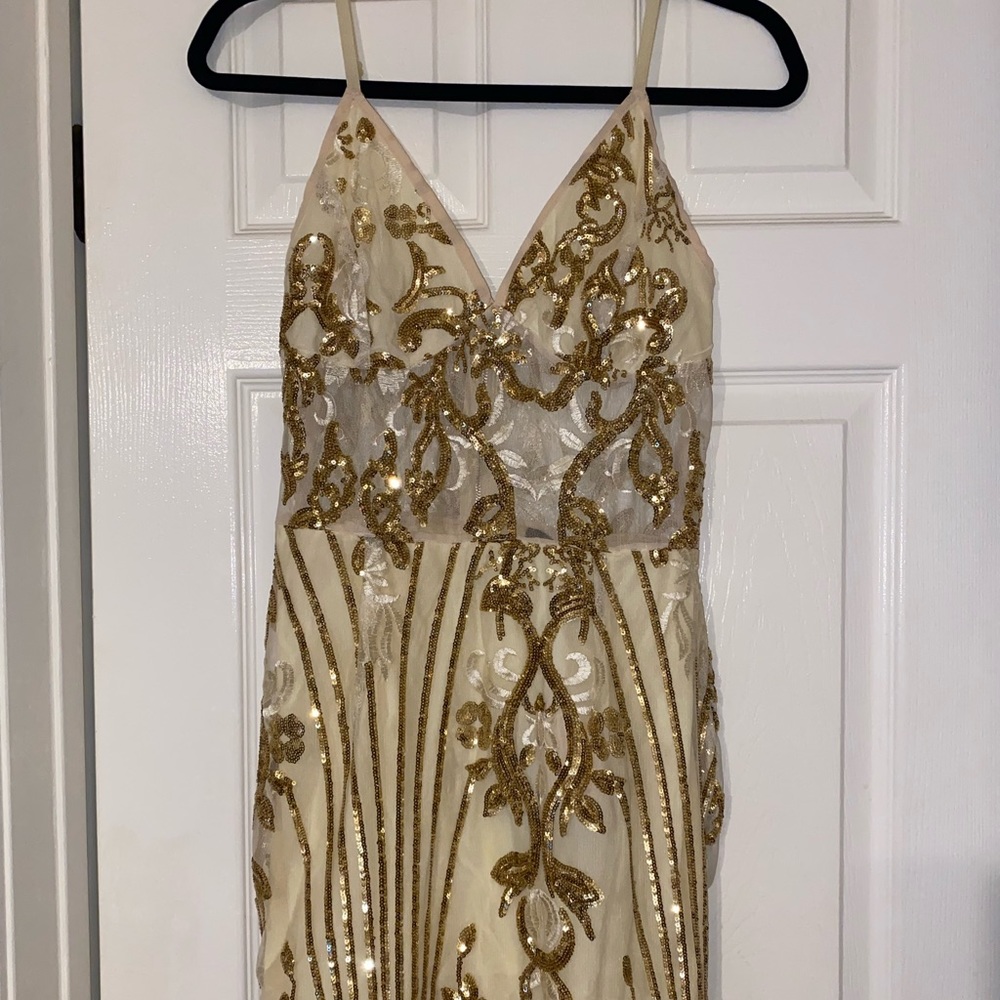 Gold Sheer Strappy Panel Sequin Bodycon Dress